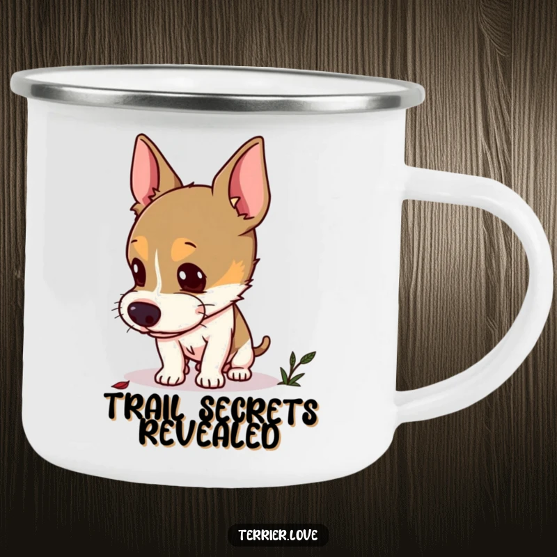 Funny curious terrier camping mug with alert ears sniffing the air, investigating scents, rugged and humorous for outdoor exploration.