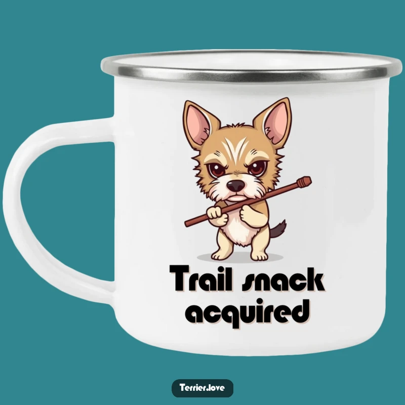 Funny Determined Terrier Camping Mug: Stick-Carrying Dog Cup, Hilarious Outdoor Gift!