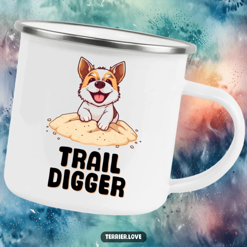 Funny Camping Mug: A grinning terrier dog digging energetically in a sandpit, perfect for outdoor adventures and playful moments.