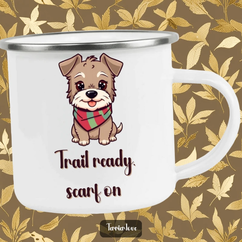 Funny terrier camping mug featuring a happy, alert dog with a scarf, ideal for outdoor adventures.