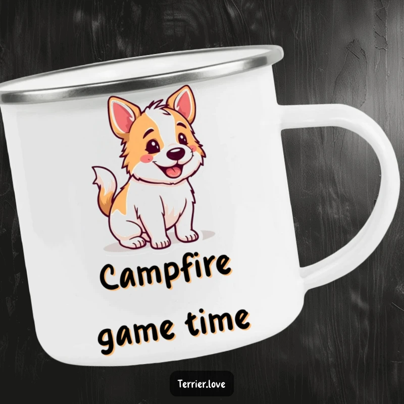 Funny Terrier camping mug showing a happy dog with its tail wagging, ready for outdoor games and fun.