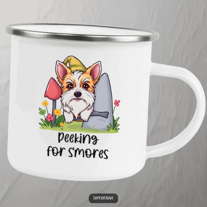 Funny mischievous terrier camping mug, dog peeking from behind gnome, playful outdoor drinkware, great for adventurers.