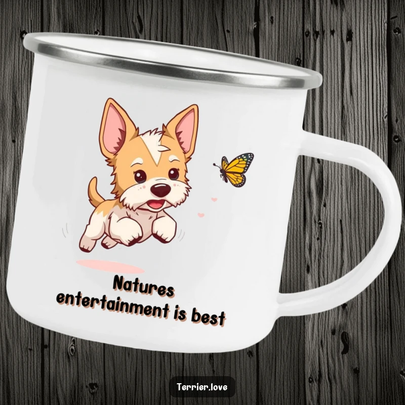 Funny terrier camping mug featuring a playful dog with perked ears chasing a butterfly, ready for adventure.