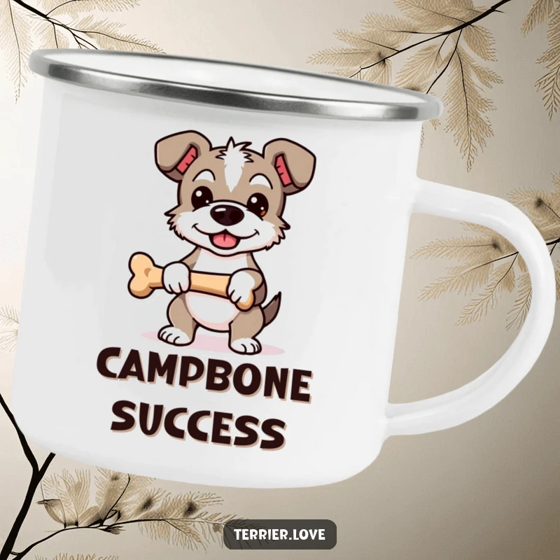 Funny Proud Terrier Camping Mug: Enamel cup featuring a proud dog character holding a bone, perfect for outdoor celebrations.