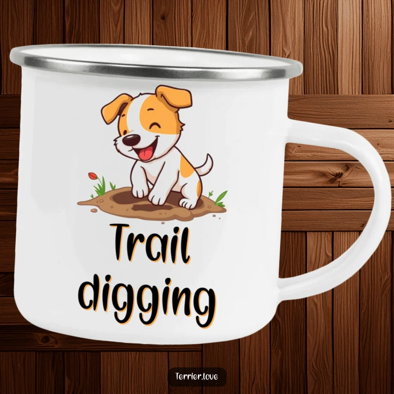 Funny terrier camping mug featuring a small, energetic dog digging a hole with gusto, ideal for outdoor enjoyment.