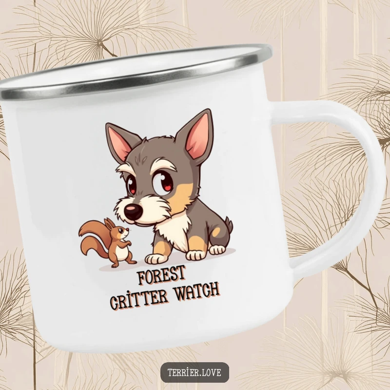 Funny terrier camping mug depicting a dog intently watching a scurrying squirrel, perfect for enjoying drinks during outdoor adventures with humor.
