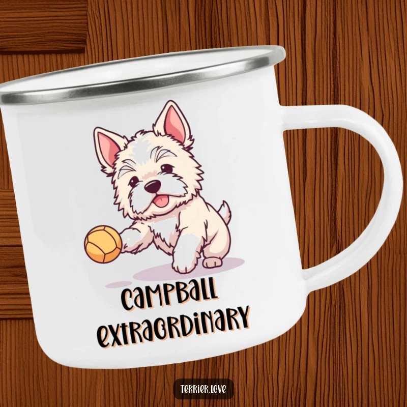 Funny camping mug featuring a fluffy terrier with perked ears joyfully catching a ball, perfect for enjoying drinks outdoors with a smile.