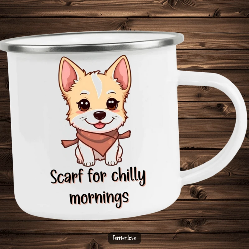 Funny camping mug featuring a smiling terrier wearing a small scarf, looking alert in a wilderness setting.