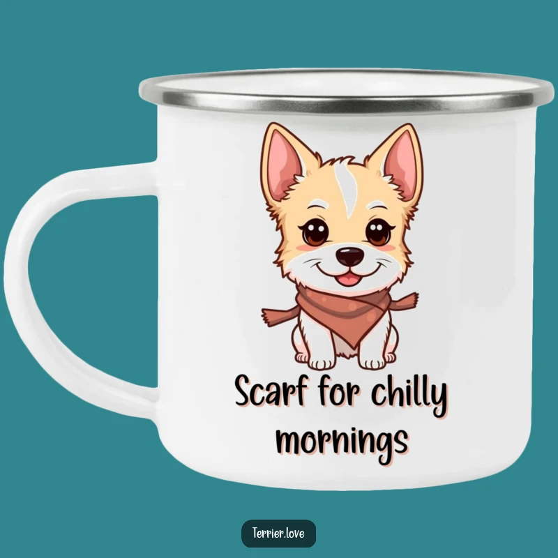 Funny Terrier Camping Mug: Smiling Scarf Alert Outdoor Drinkware