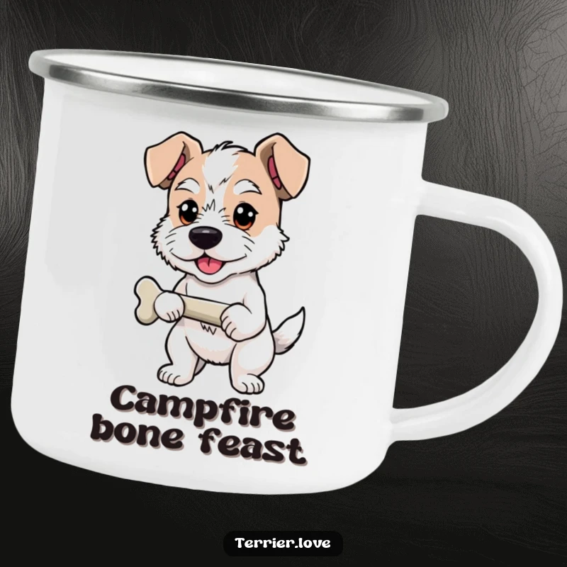 Funny Camping Mug with a proud terrier holding a bone, durable and humorous for outdoor adventures.
