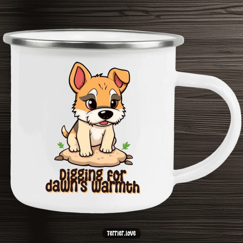 Funny camping mug showing a tenacious terrier with a determined look, digging a small hole, perfect for outdoor explorers.