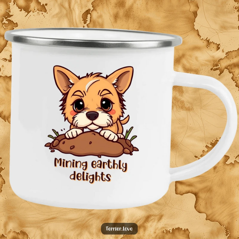 Funny terrier camping mug showing a determined dog digging enthusiastically in the dirt, rugged and humorous for outdoor fun.