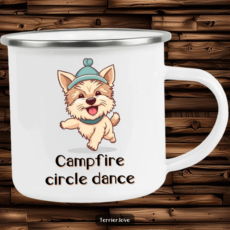 Funny Terrier camping mug illustration of a silly dog wearing a hat and chasing its tail, perfect for outdoor fun and dog lovers.