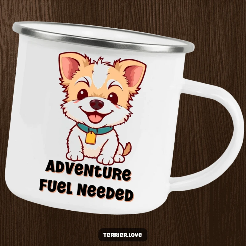 Funny Terrier Smile Camping Mug: A happy terrier with a bright collar tag, pictured on a rugged mug perfect for outdoor enthusiasts.