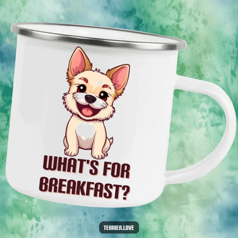 Funny Camping Mug with a curious terrier tilting its head, big eyes gazing outward with wonder.