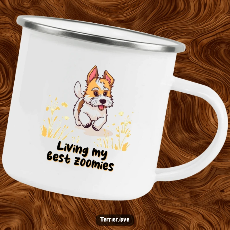 Funny terrier with a wagging tail running through a field, a humorous camping mug for outdoor fun.