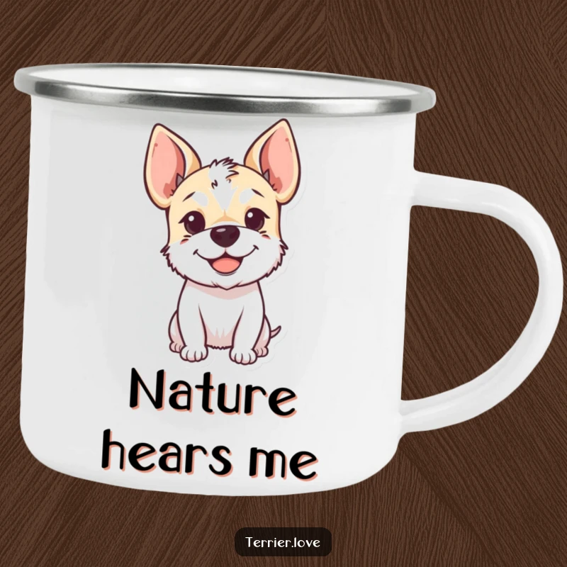 Funny Camping Mug featuring a smiling terrier with its floppy ears perked up, ready for any outdoor adventure.
