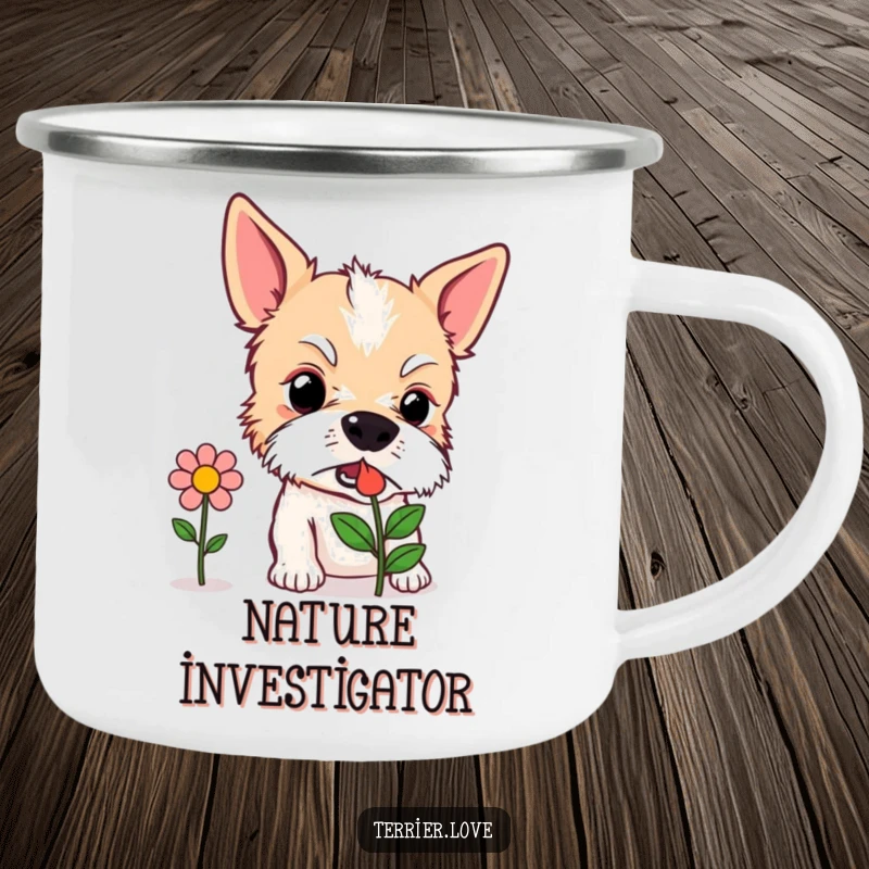 Funny Camping Mug: A curious terrier dog sniffing a stylized flower icon, perfect for outdoor adventurers who love nature.