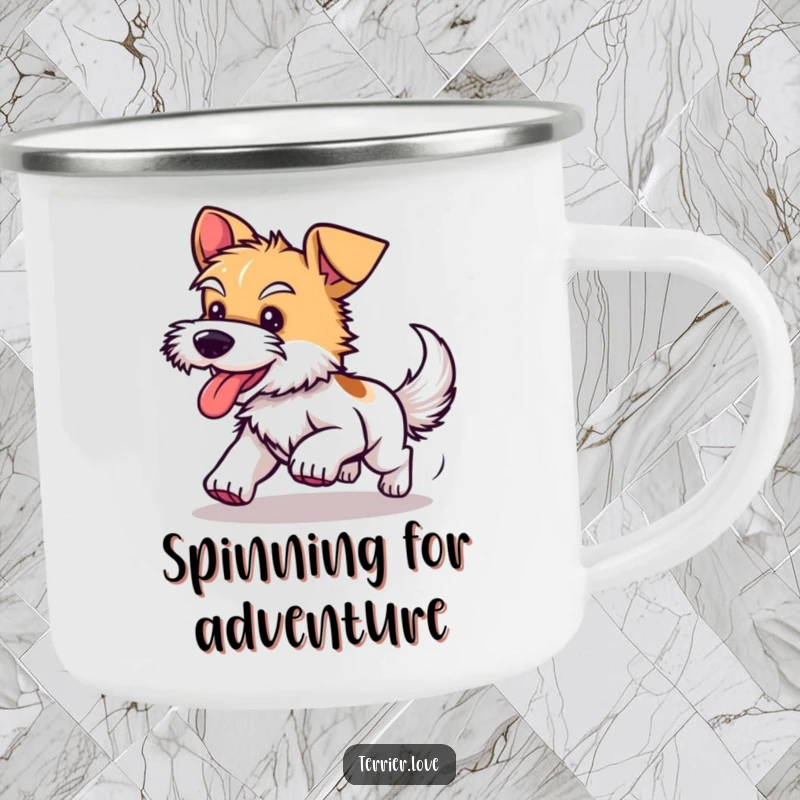 Funny camping mug featuring a happy terrier dog in a comical tail-chasing frenzy, ideal for rugged use and lighthearted moments.