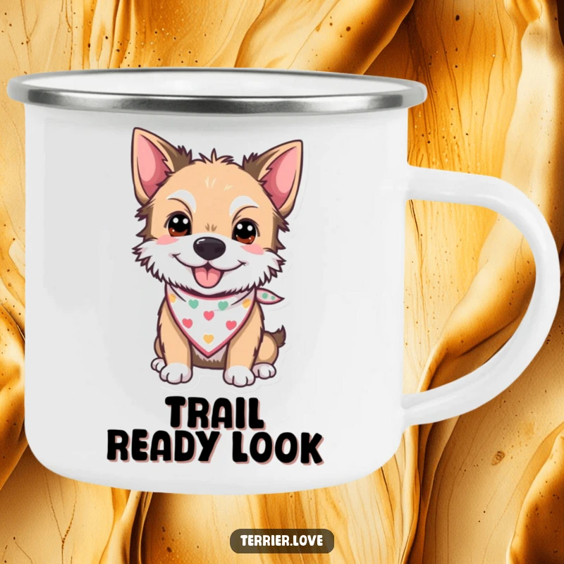 Funny Camping Mug with a cheerful terrier wearing a tiny bandana, embodying a spirit of adventure and fun.