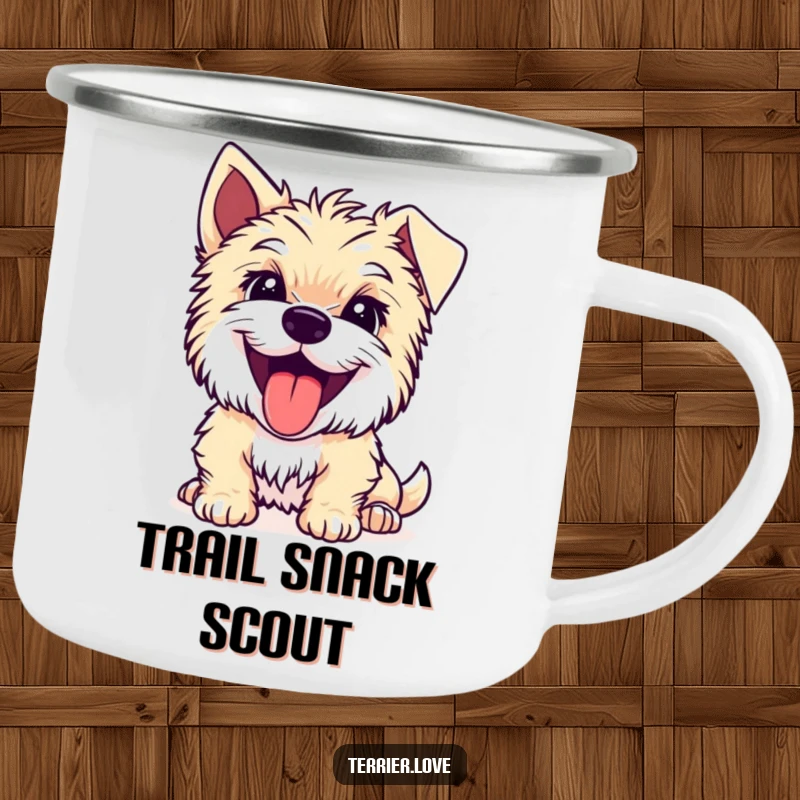 Funny Terrier camping mug showing a joyful dog with its tongue out, looking intently, perfect for outdoor focus.