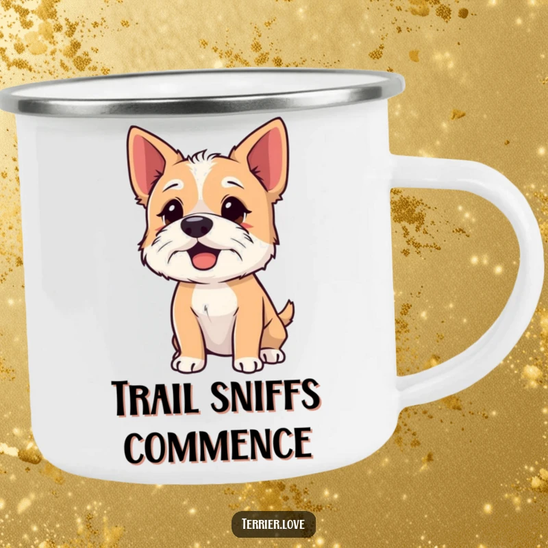 Funny Camping Mug with a terrier sniffing the air with its nose up, durable and humorous for outdoor adventures.
