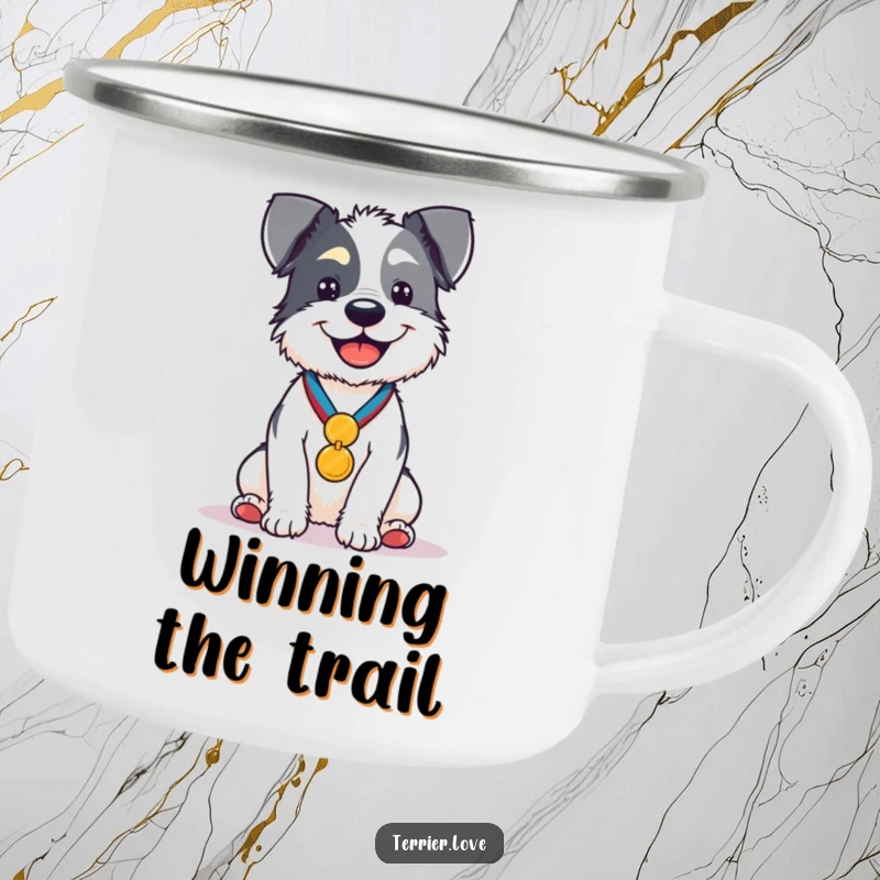 Funny Camping Mug showing a proud terrier sitting with a medal, ready for outdoor adventures and campfire stories.
