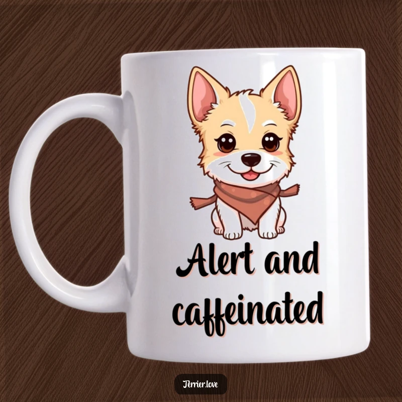 Funny mug featuring a smiling terrier wearing a small scarf, looking alert and ready for anything with a cheerful expression.
