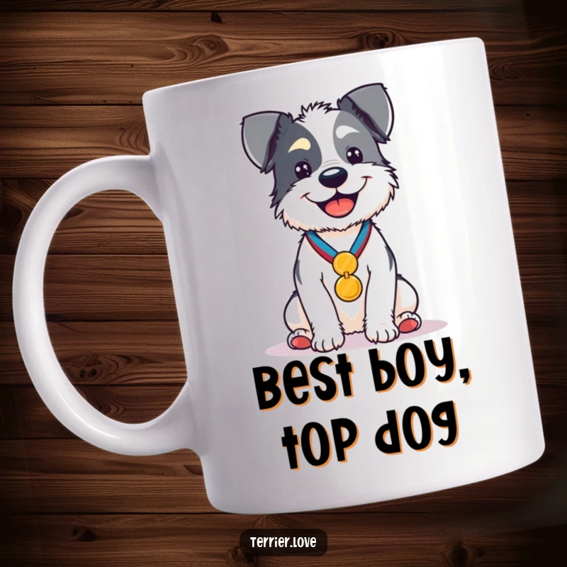 Funny Mug featuring a proud terrier sitting with a shiny medal, celebrating achievement and canine excellence.