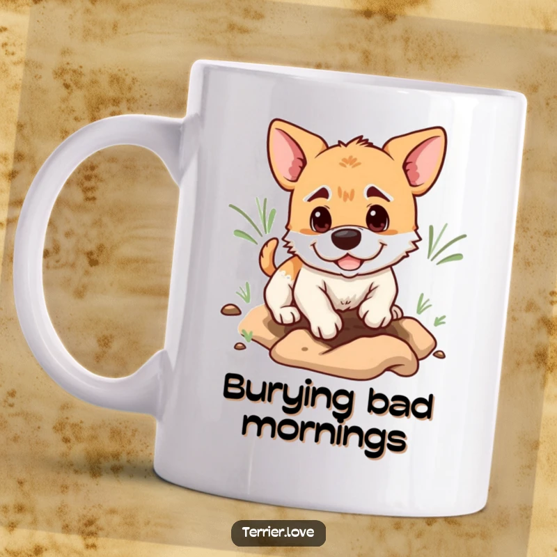 Funny terrier mug showing a playful dog with a determined expression, digging a hole with humorous intensity.