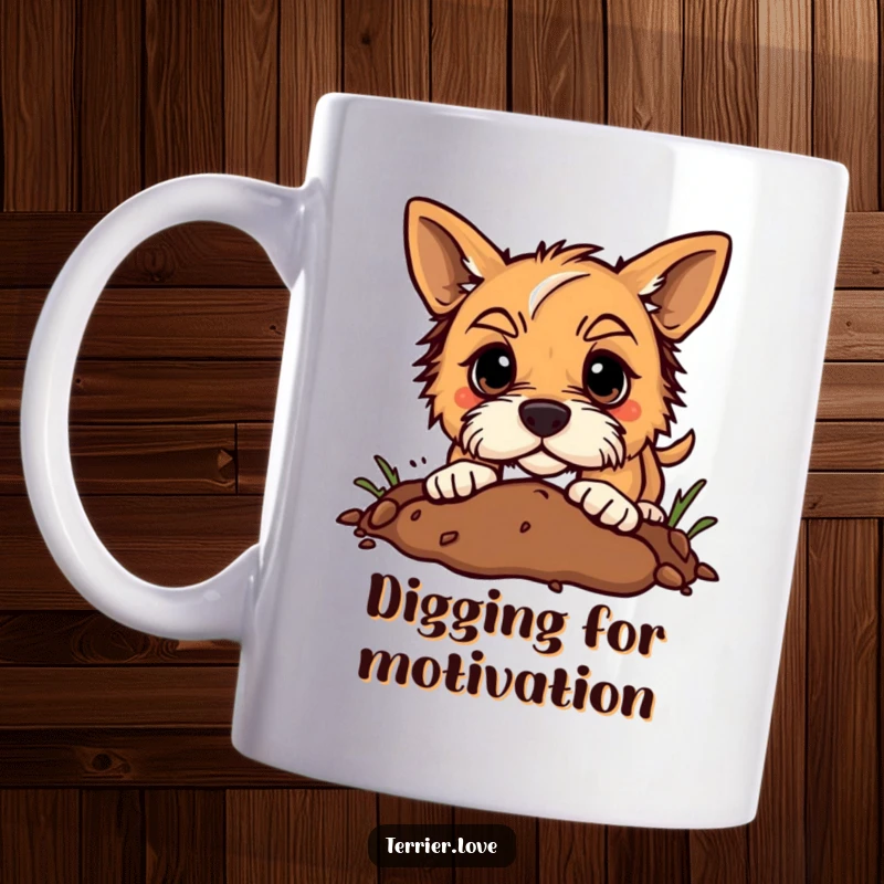 Funny determined terrier mug showing a dog digging enthusiastically in the dirt with a focused and determined expression.
