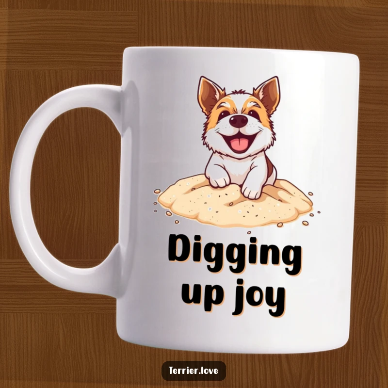 Funny Mug: An energetic terrier dog grinning widely while enthusiastically digging in a tiny sandpit, pure joy captured.