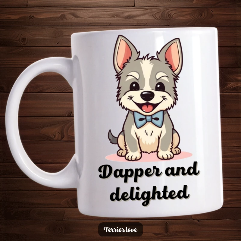 Funny Bow Tie Terrier Mug: A dog wearing a bow tie shakes its head joyfully, showcasing dapper delight.