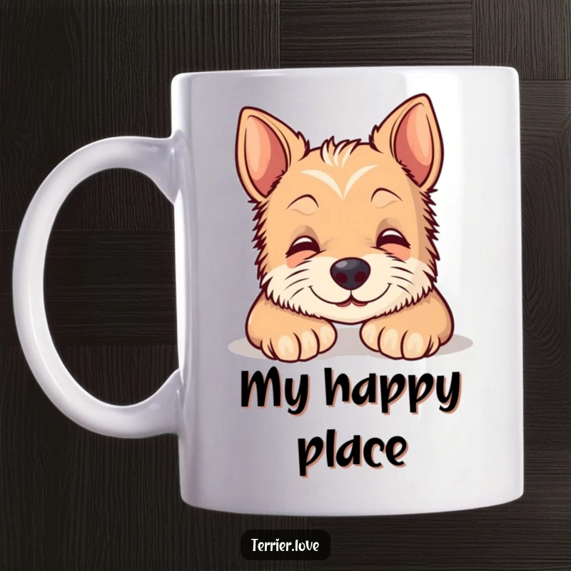 Funny terrier mug featuring a content dog with a gentle smile, resting its head on its paws, evoking peace and happiness.