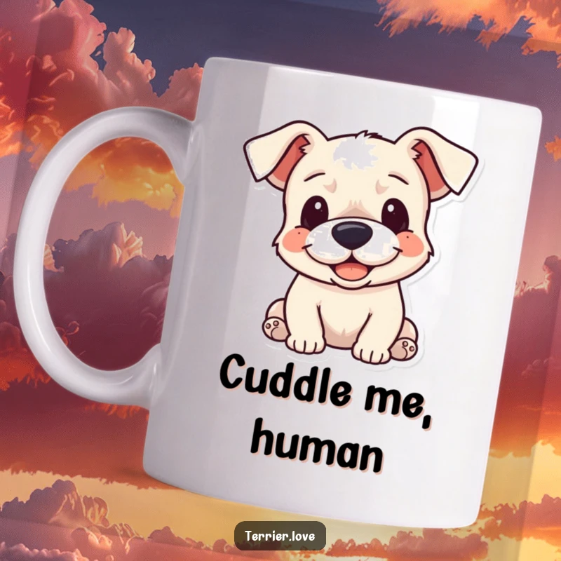 Funny Mug featuring a cheerful terrier dog with floppy ears, eagerly awaiting a warm cuddle, embodying pure canine affection.