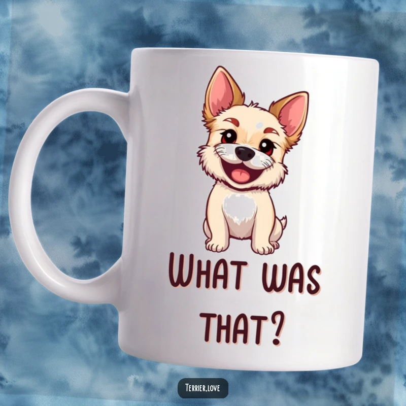 Funny Mug showing an excited terrier tilting its head, big eyes looking up with curiosity and adorable confusion.