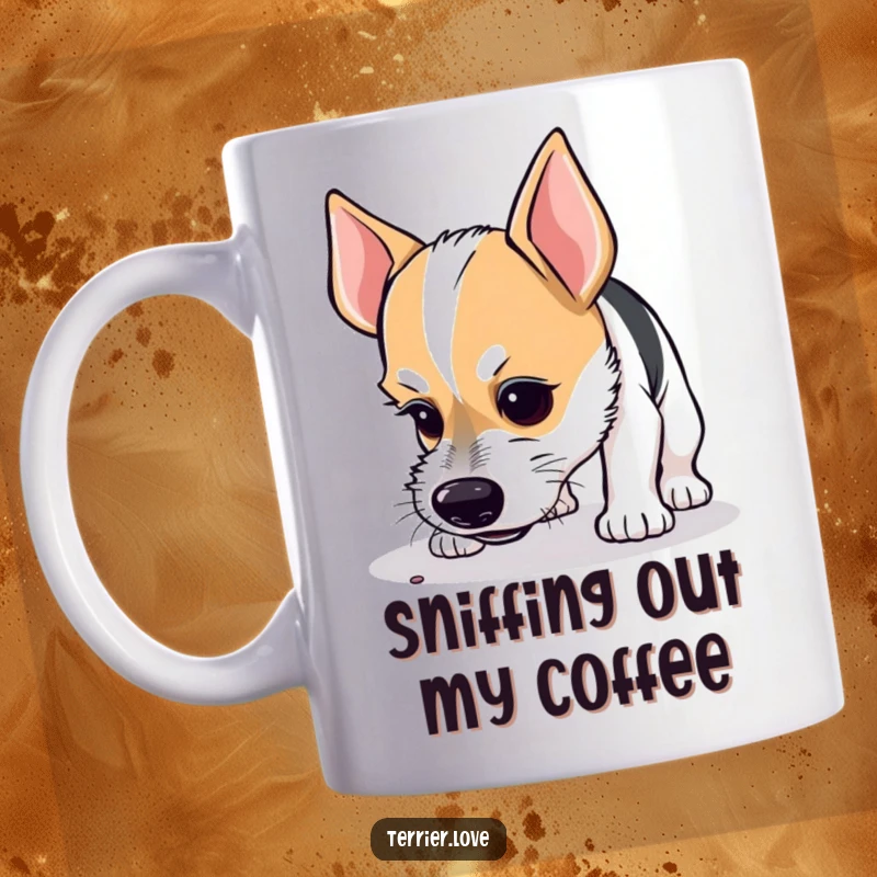 Funny mug depicting a curious terrier with a focused look, intently sniffing the ground, exploring every scent.