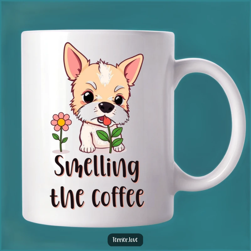 Funny Curious Terrier Mug - Sniffing Flower Dog, Adorable Pet Lover Gift