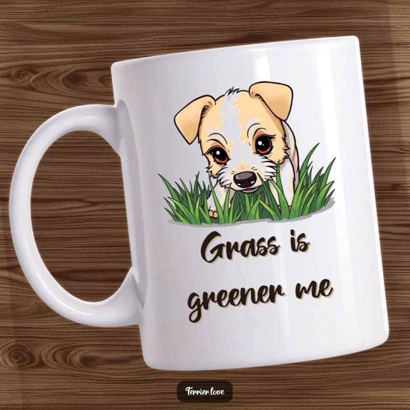 Funny terrier mug showing a dog with a curious gaze intently sniffing a patch of grass, embodying playful exploration.