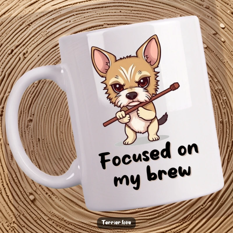 Funny Determined Terrier Mug: A terrier with intense eyes grips a stick firmly, embodying focus and the pure joy of carrying prized possessions.