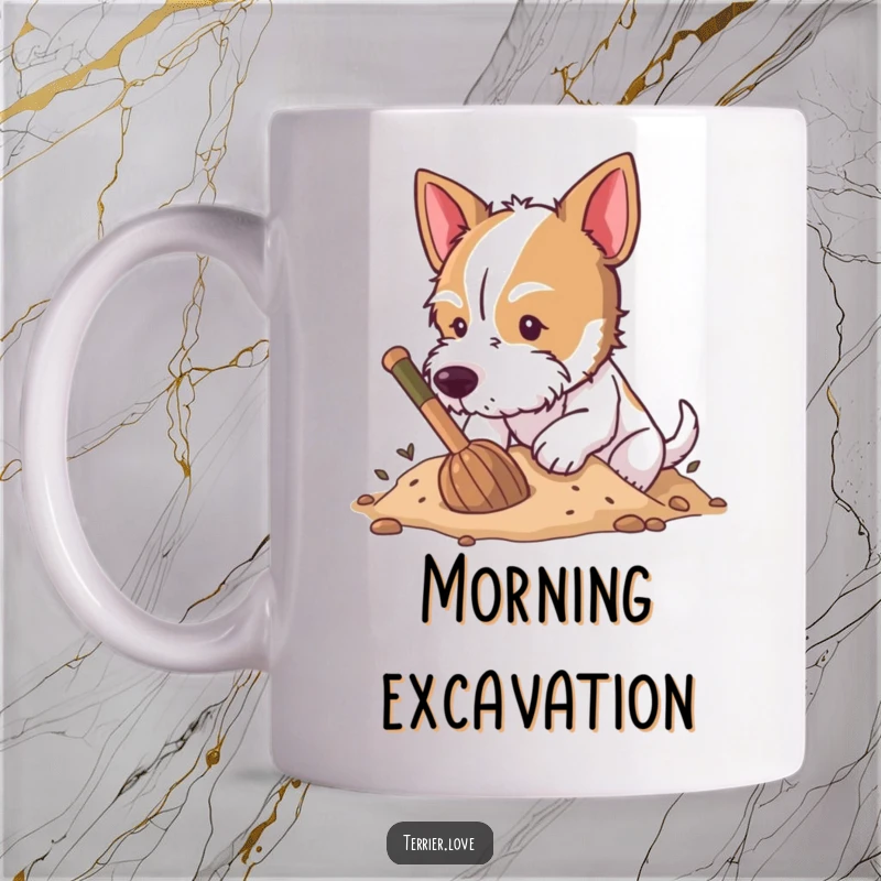 Funny Mug featuring a terrier enthusiastically digging a large hole in soft earth, covered in dirt with joy.