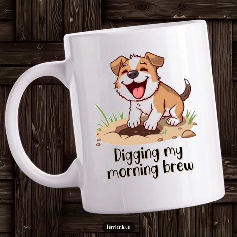 Funny digging terrier mug, dog focused on digging a hole, intense canine concentration, perfect gift for gardeners.