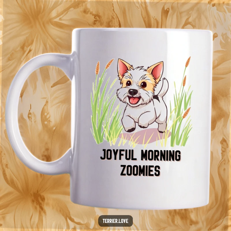 Funny happy terrier mug with a wagging tail bounding joyfully through tall green grass, capturing pure canine excitement.