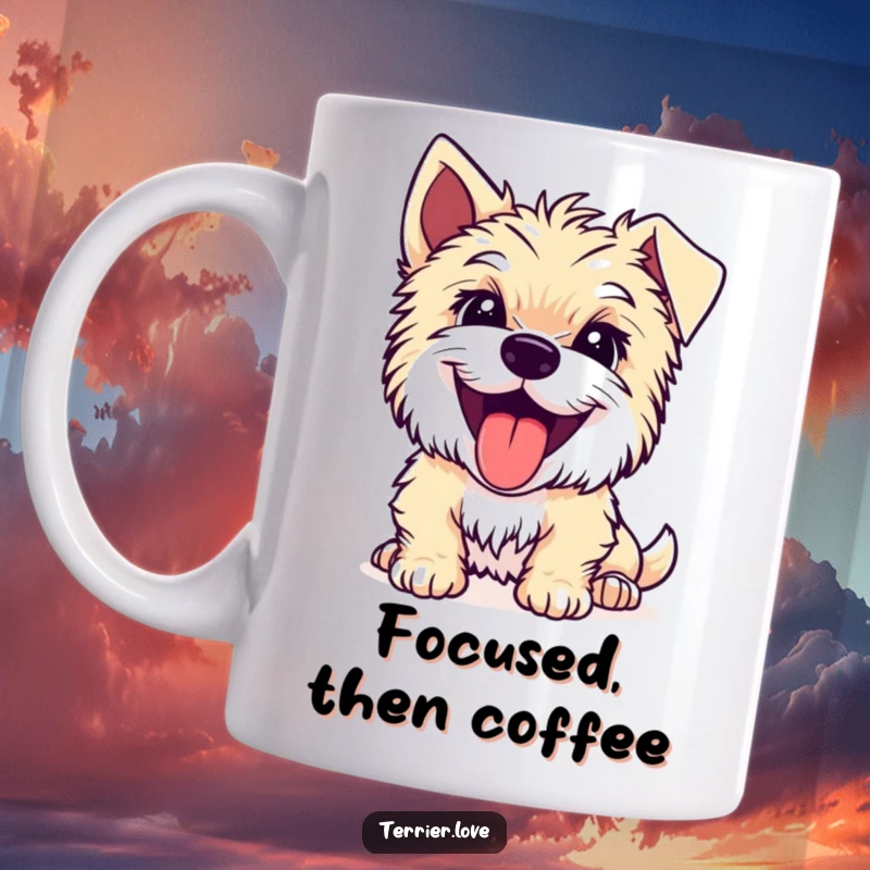 Funny Terrier mug featuring a joyful dog with its tongue out, looking intently at something with curiosity.