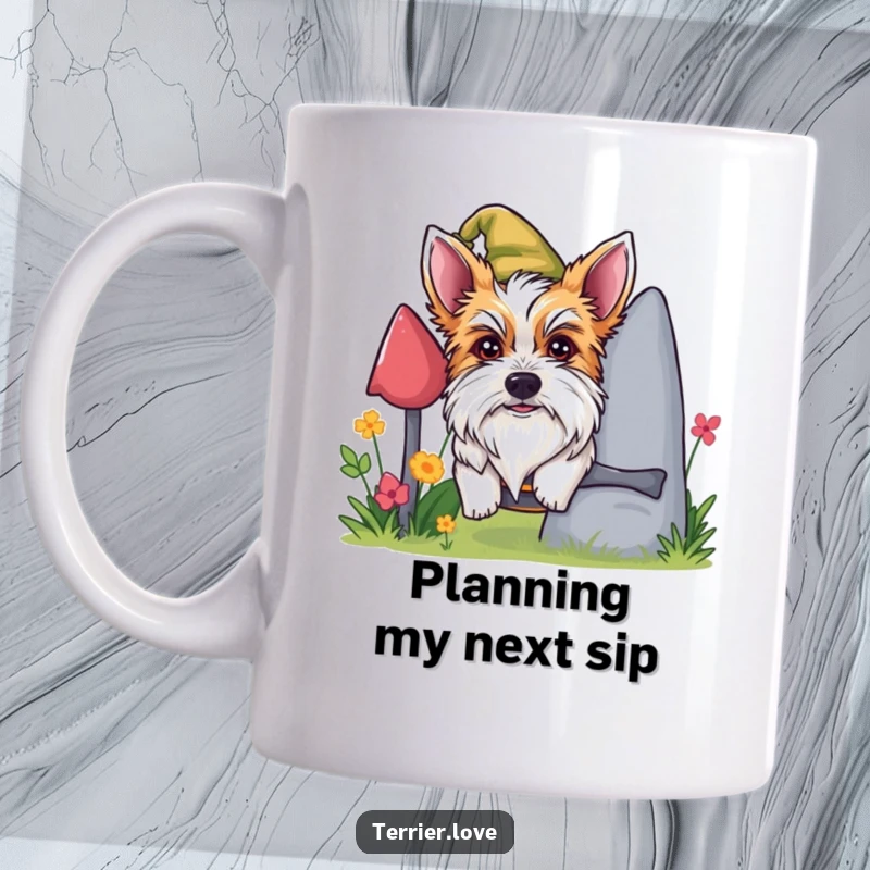 Funny mischievous terrier mug, dog peeking from behind gnome, playful spying canine, perfect gift for pranksters.