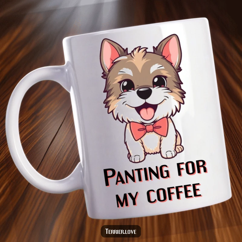 Funny mug showcasing a playful Terrier dog wearing a smart bow tie, happily panting with a cheerful expression.
