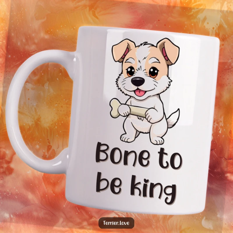 Funny Mug with a proud terrier standing with a bone, a humorous celebration of a dog's achievement.