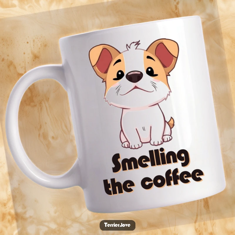 Funny Sniffing Terrier Mug: Excited dog with nose up in the air, eagerly sniffing, embodying curiosity and adventure.