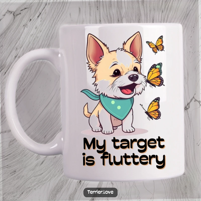 Funny mug showing a small terrier dog in a bandana, energetically barking at a butterfly, capturing a moment of canine determination.