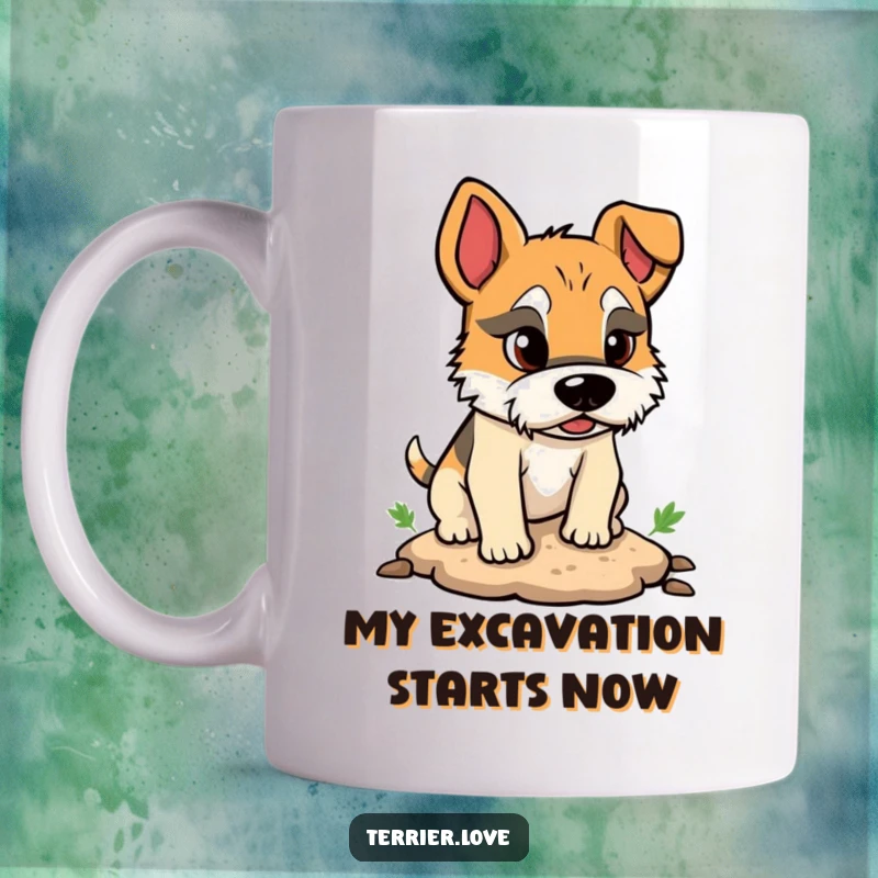 Funny mug depicting a terrier with a serious, determined expression, actively digging a small hole in the ground.
